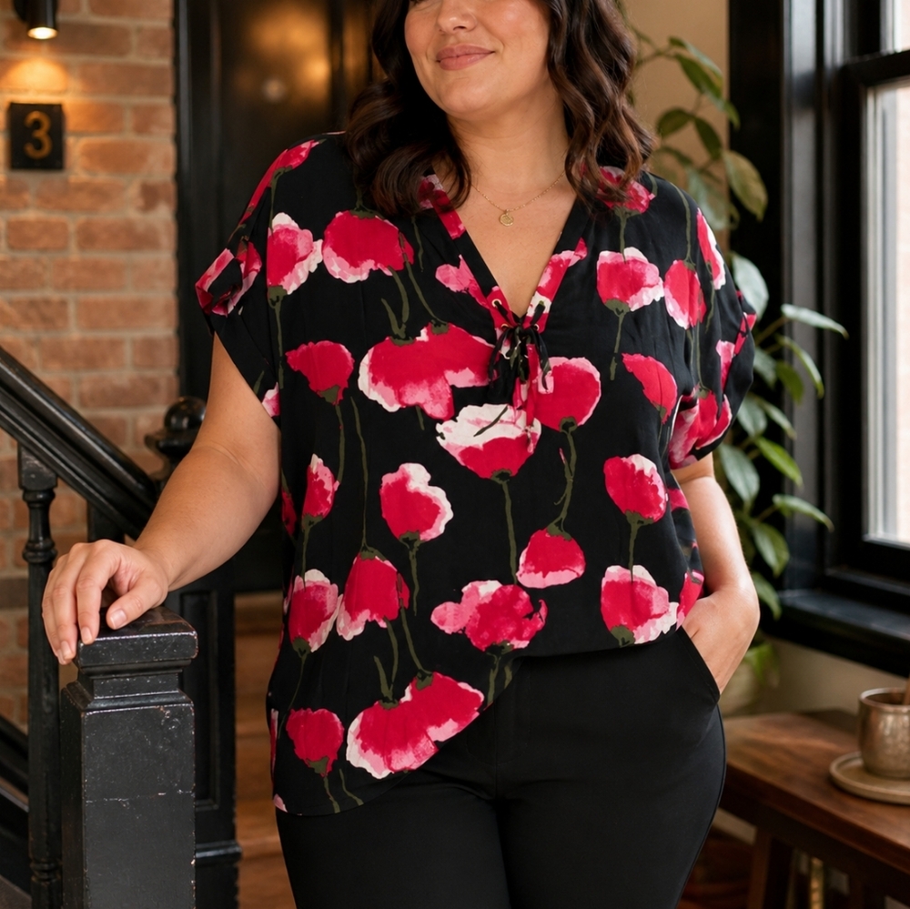Urbanology Black Floral Tie-Neck Blouse XL Pink Red Print Lightweight Top
